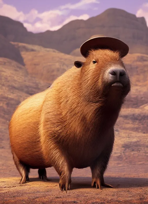 Prompt: detailed full body concept oil painting of a capybara in cowboy clothing, octane render, 4k