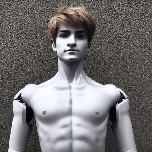 Image similar to “a realistic detailed photo of a guy who is an attractive humanoid who is half robot and half humanoid, who is a male android, twitch streamer Ninja Tyler Blevins, shiny skin, posing like a statue, blank stare”