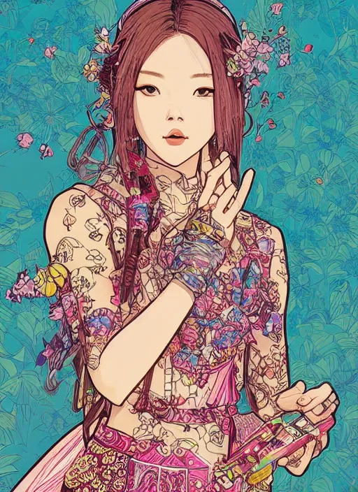 Prompt: beautiful lisa blackpink cyborg portrait girl female illustration detailed patterns art of thai traditional dress, flower pop art, floral splash painting, art by geof darrow, ashley wood, alphonse mucha, makoto shinkai