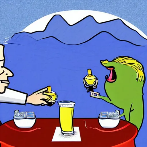 Image similar to cartoon drawing of Biden and Trump together drinking a lemon drink with Rio de Janeiro mountains on the background