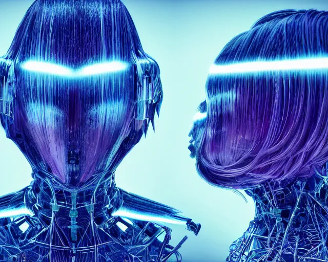 Image similar to cyberhair, complex cyberneticbeings, beautiful hairy cyberhumanoids, cybermagnetosphere, cybernetic ornate hair, love, joy, vortexes, large cyberarrays data holograms, 8 k, ultra hd, light shadows, wet hdr refractions, *, * * *, * * * * *