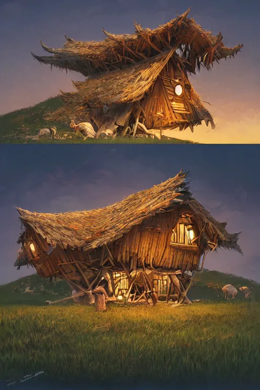 Image similar to an awesome twilight day concept art of old hut standing at giant hen's legs, by kengo kuma and wes anderson with village, mixed development, cgsociety, fantastic realism, artstation hq