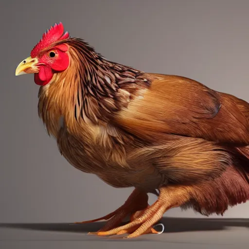 Prompt: photorealistic chicken that is eating chicken nuggets. hyperdetailed photorealism, 1 0 8 megapixels, amazing depth, glowing rich colors, powerful imagery, 3 d finalrender, 3 d shading, cinematic lighting, artstation concept art