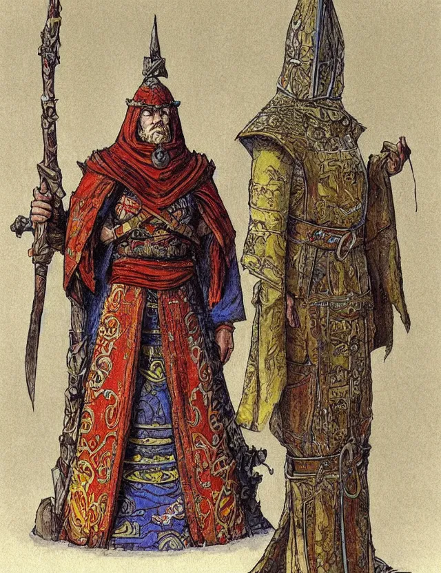 Prompt: a nordic monk dressed in a slavic and byzantine style of armor, concept art, colorful, jean giraud,