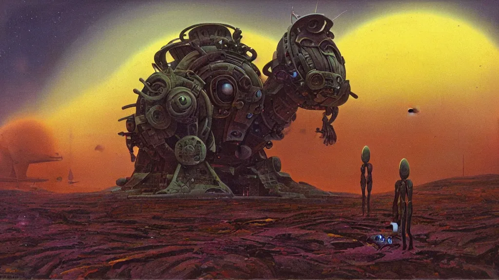 Image similar to mysterious whimsical sculpture of alien technology by paul lehr and john schoenherr and john harris, cinematic matte painting