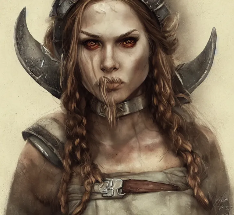 Image similar to a rugged female viking in the style of tom bagshaw