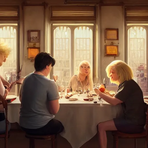 Image similar to michael mcintyre and middle aged blonde woman with short hair and a blonde woman with long hair having dinner at sunday in brooklyn, anatomy, bathed in light, highly detailed, photorealistic, artstation, smooth, sharp focus, illustration, unreal engine 5, 8 k, art by artgerm and greg rutkowski and edgar maxence