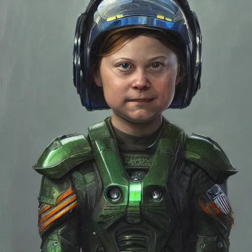 Prompt: Greta Thunberg as master chief portrait art by Donato Giancola and Bayard Wu, digital art, trending on artstation, 4k