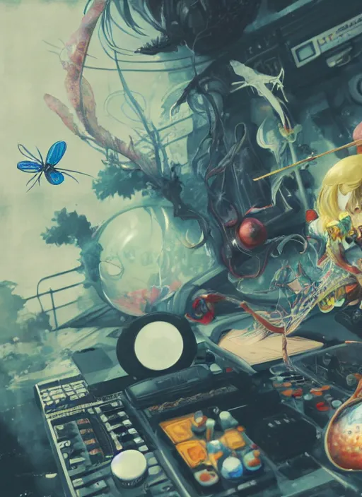 Image similar to surreal gouache painting, by yoshitaka amano, by ruan jia, by Conrad roset, by good smile company, detailed anime 3d render of a medicine pills Surrounded by a magical dragonfly and a big DJ Mixer, deck, portrait, cgsociety, artstation, rococo mechanical and Digital and electronic, dieselpunk atmosphere