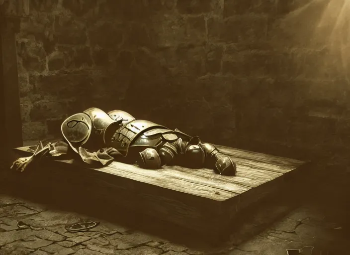 Prompt: a beautiful composition detailed photograph of a dead poisoned armored knight paladin lying in a wooden bed in a cell in a dungeon.