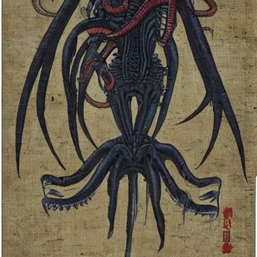 Image similar to xenomorph alien in the edo period. realistic.