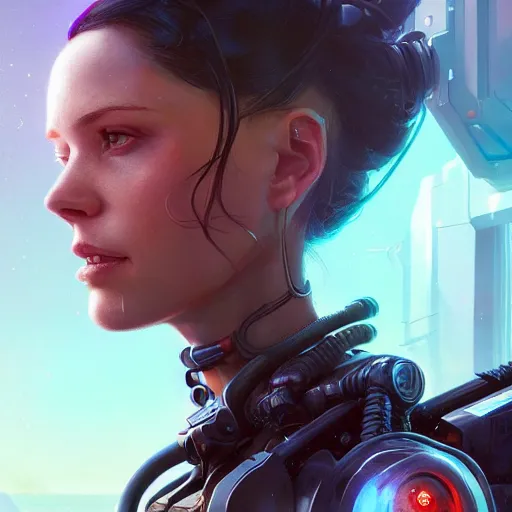 Image similar to highly detailed closeup portrait of a female cyborg, in disney, stephen bliss, unreal engine, art by greg rutkowski, loish, rhads, ferdinand knab, makoto shinkai and lois van baarle, ilya kuvshinov, rossdraws, tom bagshaw, global illumination, radiant light, detailed and intricate environment