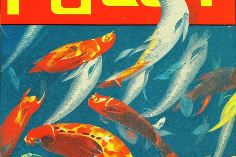 Image similar to 1 9 7 9 omni magazine cover of a pelican case full of koi fish. art in cyberpunk style by vincent di fate