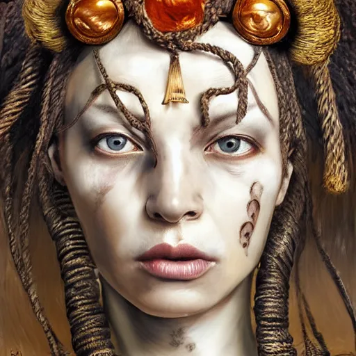 Image similar to portrait of a Shibari rope wrapped face and neck, headshot, insanely nice professional hair style, dramatic hair color, digital painting, of a old 15th century, zulu warrior, amber jewels, baroque, ornate clothing, scifi, realistic, hyperdetailed, chiaroscuro, concept art, art by Franz Hals and Jon Foster and Ayami Kojima and Amano and Karol Bak,