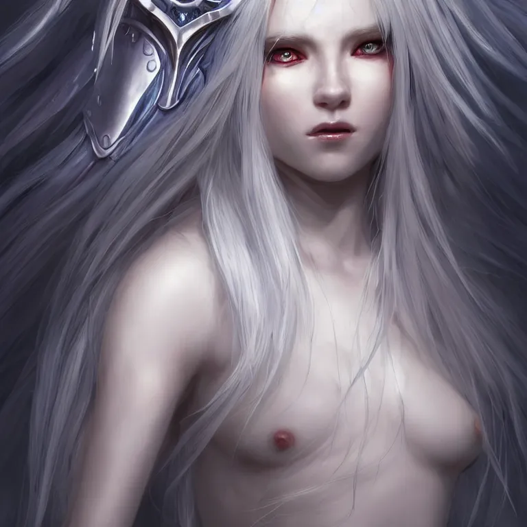 Image similar to portrait anthropomorphic candy gumdrop character with brilliant silver flowing hair and a brilliant jeweled silver helm, beautiful white glowing eyes, wideshot ultrawide angle epic scale, hybrid from The Elden Ring and art direction by Darius Zawadzki ;by artgerm; wayne reynolds art station; cinematic quality character render; low angle; ultra high quality model; production quality cinema model;