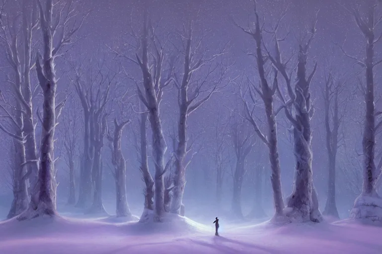 Prompt: lapland cannon snow covered trees volymetric light ethereal violet dusk by noah bradley and john howe