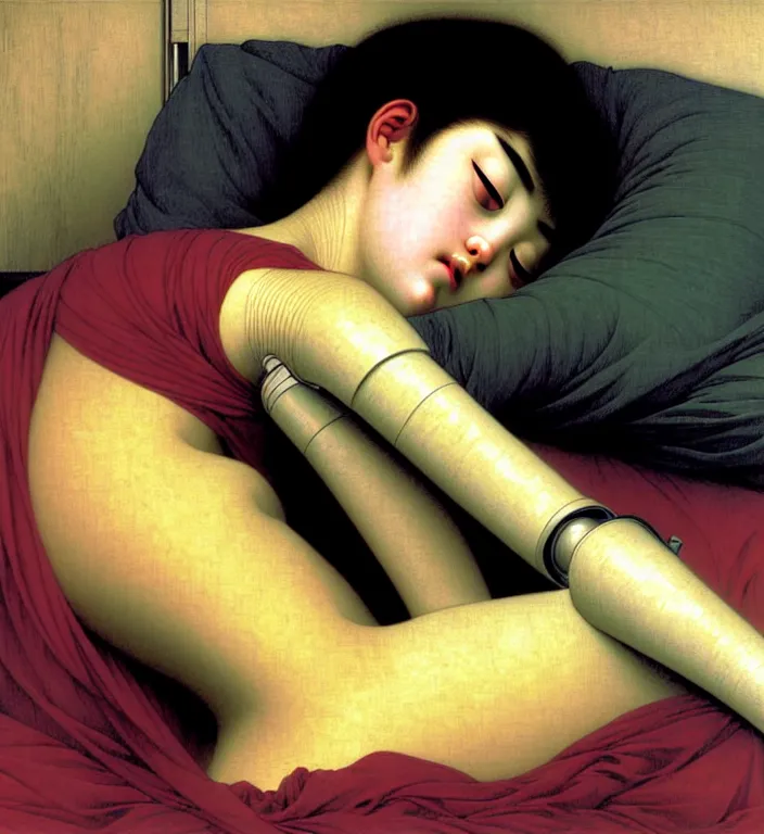 Image similar to ultra detailed artwork by Junji Ito of a professional 8k photo of a cyborg-robot-elph-girl sleeping in bed in the morning by William-Adolphe Bouguereau . still from a 2021 movie by Terrence Malick and Gaspar Noe