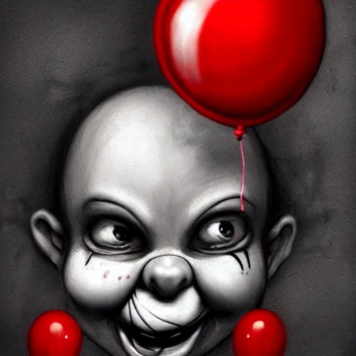 Image similar to surrealism grunge cartoon portrait sketch of a flower with a wide smile and a red balloon by - michael karcz, loony toons style, chucky style, horror theme, detailed, elegant, intricate