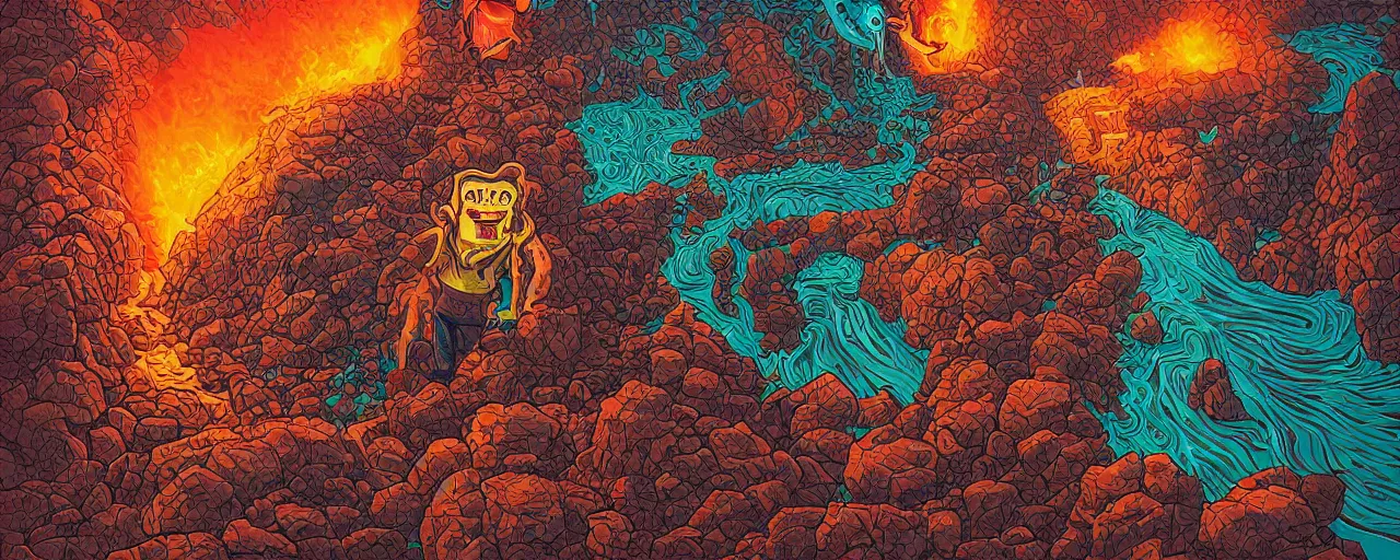 Image similar to portrait of head melting into another one, lava, laugh and surprise, by Dan Mumford