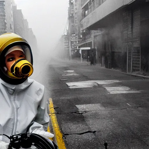 Image similar to a photo of a female wearing a hazmat suit, riding a bike, side-view, smoke in the background, filthy streets, broken cars. Vines growing. Jpeg artifacts. Full-color photo. Color color color color color. Award-winning photo. OM system 12–40mm PRO II 40mm, 1/100 sec, f/2 8, ISO 800