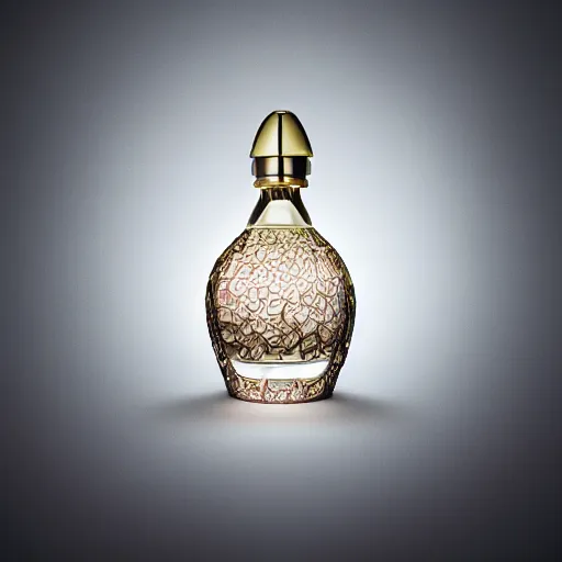 Image similar to a table lamp designed by christian dior in the shape of a perfume bottle, advertising photography, intricate details, gradient studio background, bokeh