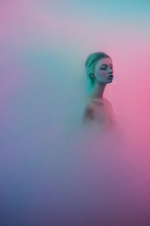 Image similar to high quality pastel coloured film close up wide angle photograph of a model wearing clothing swimming on cloud furniture in a icelandic black rock!! environment in a partially haze filled dreamstate world. three point light, rainbow. photographic production. art directed. pastel colours. volumetric clouds. pastel gradient overlay. waves glitch artefacts. extreme facial clarity. 8 k. filmic.