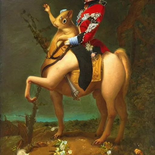 Image similar to a squirrel carrying napoleon bonaparte on its back, beach scene with flowers and foliage, detailed oil painting