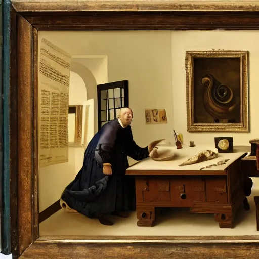 Prompt: An oil painting of a tall portly man at a desk examining an ammonite fossil in a room full of books and assorted wunderkammer, in the style of The Astronomer by Vermeer, Dutch Golden Age, Old Masters