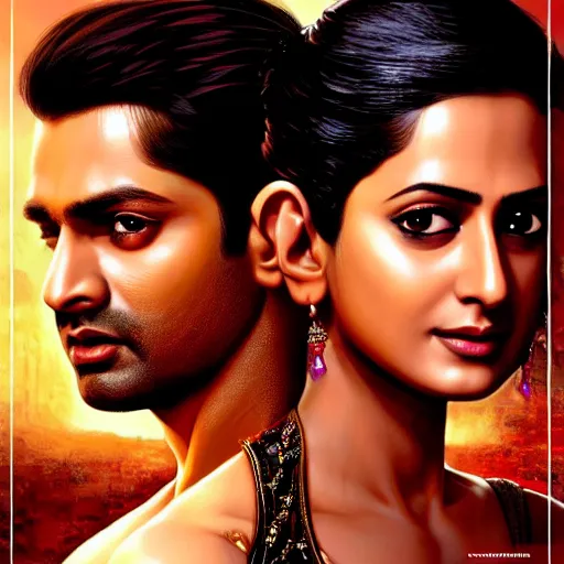 Image similar to perfectly centered bollywood movie promotional poster of anatomically correct hero and heroine glamourous romantic pose, faces symmetrical ; real life portrait, ultra realistic, high coherence, intricate, hdr, highly detailed, photorealistic, octane render, 8 k, unreal engine ; art by artgerm, greg rutkowski, charlie bowater