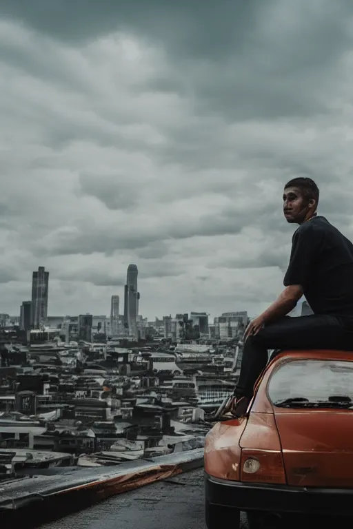 Image similar to Photo of a man sitting on the car roof in the heavy in front of the city that sank, hyper realistic, outdoor lighting, dynamic lighting, volumetric, wide angle, anamorphic lens, go pro, 4k