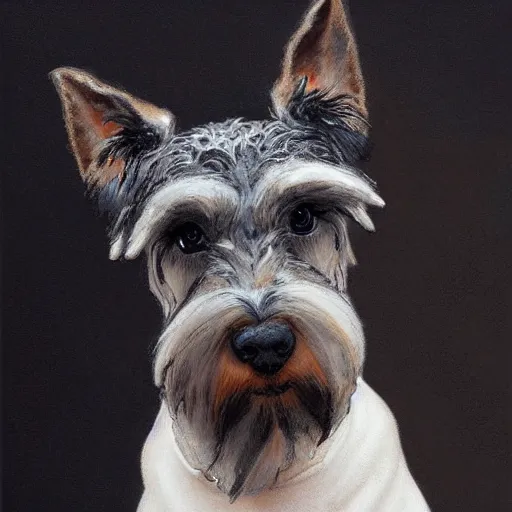 Prompt: portrait of stoic looking miniature schnauzer, military uniform, black fir, white eyebrows, fantasy, intricate, elegant, highly detailed, autumn color, rustic, centered, dark, smokey, charcoal painting, digital painting, artstation, concept art, smooth, sharp focus, illustration, art by artgerm and greg rutkowski and alphonse mucha