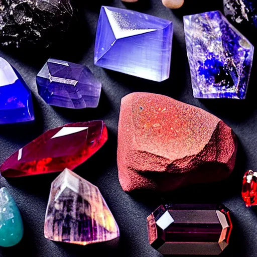 Image similar to a mineral rock, in a dark studio room. Photography of rare minerals. Tanzanite, Red Beryl, Bixbite, Red Emerald, Scarlet Emerald, Opal, Quartz, Elbaite, Calcite, Kunzite. in the style of artgerm.