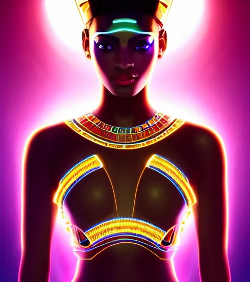 Image similar to symmetry!! egyptian princess of technology, solid cube of light, hard edges, product render retro - futuristic poster scifi, lasers and neon circuits, brown skin gorgeous egyptian princess, intricate, elegant, highly detailed, digital painting, artstation, concept art, smooth, sharp focus, illustration, dreamlike, art by artgerm