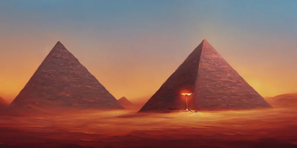 Image similar to an oil painting of a pyramid in in a post apocalyptic desert and a dark red sun, fantasy,hyper realistic, atmospheric lighting, cinematic, 8k,