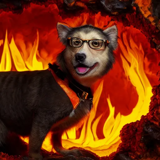 Image similar to close-up of Blippi sitting on a golden throne in a fiery hellish cave, oil painting, 8k, highly detailed, highly intricate,