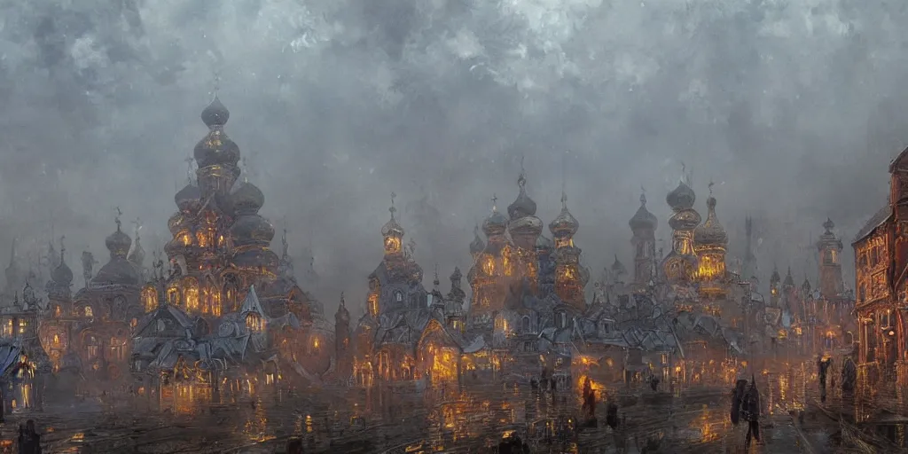 Image similar to beautiful magical ancient Slavic city of Kitezh in mist, huge factories, magical glow, magic mist, strange buildings, oil painting, painting by Viktor Vasnetsov, concept art, fantasy cityscape, ancient Russian architecture, painting by Ivan Shishkin, hyperborea, high resolution, trending on artstation, hyperrealism