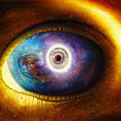 Image similar to low angle shot of a eye with the galaxy in the iris by clive barker, intricate, elegant, highly detailed, centered, digital painting, artstation, concept art, smooth, sharp focus, illustration, artgerm, Tomasz Alen Kopera, Peter Mohrbacher donato giancola, Joseph Christian Leyendecker, WLOP, Boris Vallejo.