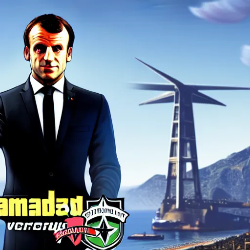 Image similar to emmanuel macron in a gta v cover art by stephen bliss