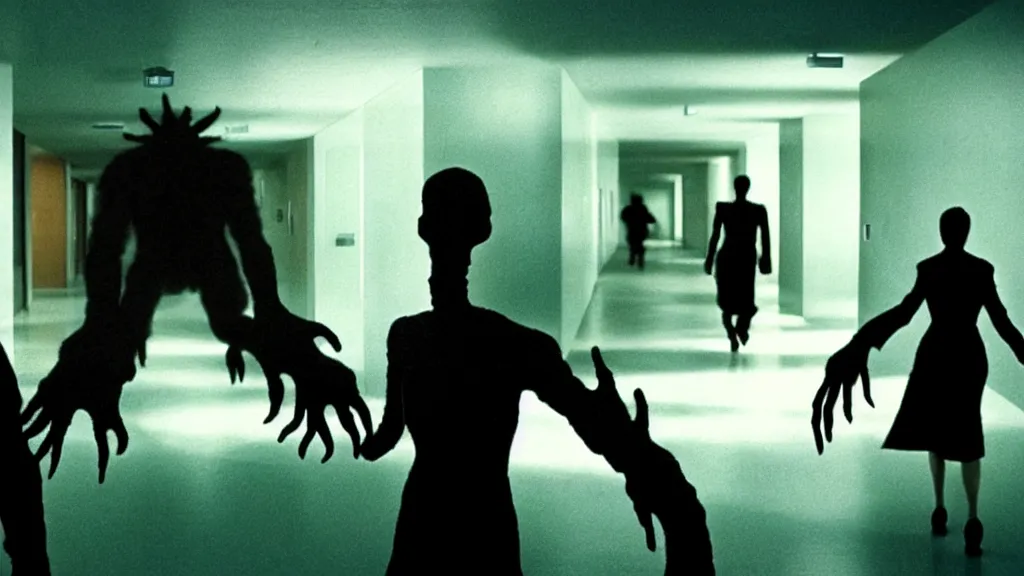 Image similar to shadow monsters invade the hospital, film still from the movie directed by denis villeneuve and david cronenberg with art direction by salvador dali, wide lens