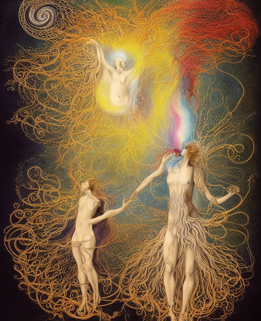 Image similar to at bifrost, a whimsical wild child creature radiates a unique canto'as above so below'while being ignited by the spirit of haeckel and robert fludd, breakthrough is iminent, glory be to the magic within, in honor of venus, painted by ronny khalil