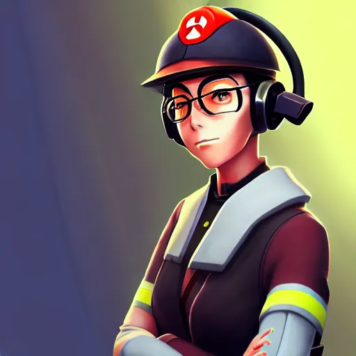 Image similar to beautiful anime style digital painting portrait of engineer woman from team fortress 2 by valve, 4 k, 8 k, hd, high resolution, highly detailed, intricate detail, ultra realistic faces, digital art, trending on artstation, team fortress 2