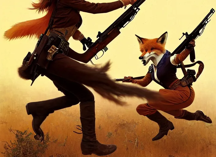 Image similar to a beautiful, dynamic illustration of an bounty hunting anthropomorphic fox - woman running and gunning with a winchester rifle, wild west theme, motion blur, action illustration by stanley artgerm, greg rutkowski, alphonse mucha, norman rockwell, 8 k,