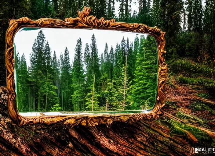 Image similar to photo of a crystal mirror that is a portal to another magical world. Forest in the background. Fantasy magic style. Highly detailed 8k. Intricate. Nikon d850 55mm. Award winning photography.