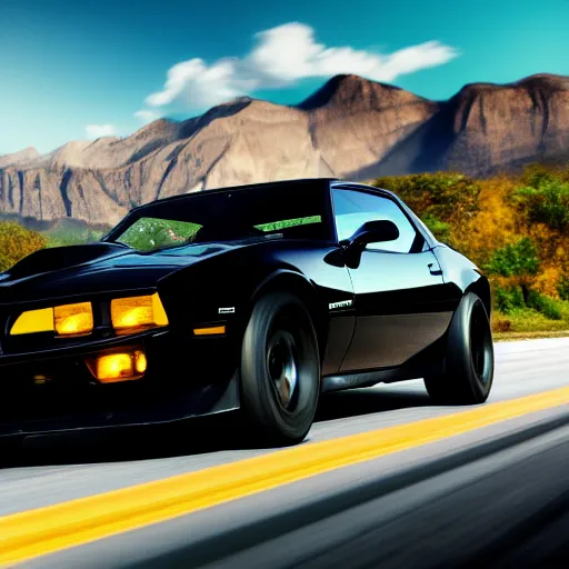 Prompt: black pontiac firebird trans - am driving towards the camera, mountain, valley, breathtaking mountains, lake, dynamic, sunrise, cinematic, motionblur, sunbeams, volumetric lighting, wide shot, low angle, artstation