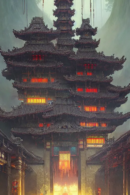 Image similar to cyberpunk Chinese ancient castle, fantasy, painting by greg rutkowski and alphonse mucha