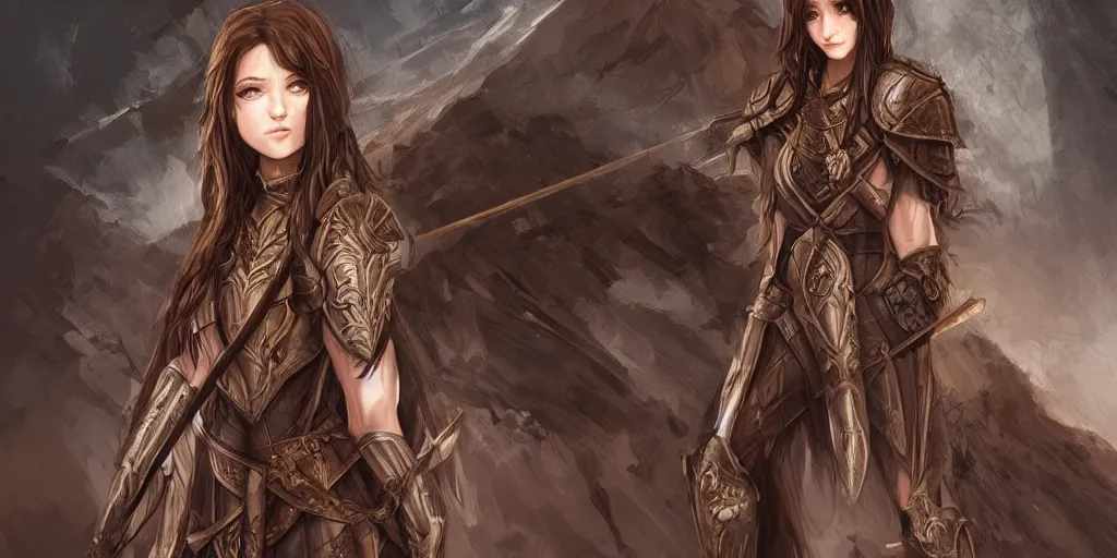 Image similar to 2 5 years old women : : dark straight hair : : brown medieval cloting, light armor, natural materials : : high detail, digital art, illustration, realistic, rpg, fantasy