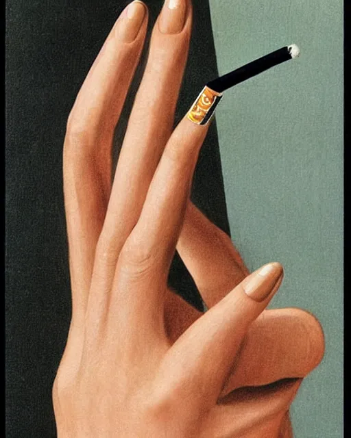 Image similar to you can see in the picture, acurate, real, elegant female hand, holding a cigarette with her fingers, elegant up to the elbow, only five fingers, separated, elegant, neat nails, fotorealism, advertisement for a crossover salon, style by Maurits Cornelis Escher, 8k,