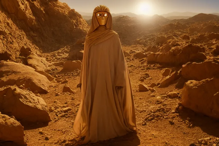 Prompt: levitating bene gesserit glowing woman with full - face golden mask in a dry rocky desert landscape, visible sky and sunny atmosphere, fata morgana giant mirrors, black star in the sky by alejandro jodorowsky and christopher doyle, anamorphic lens flares, kodakchrome, cinematic composition, practical effects, 8 k,