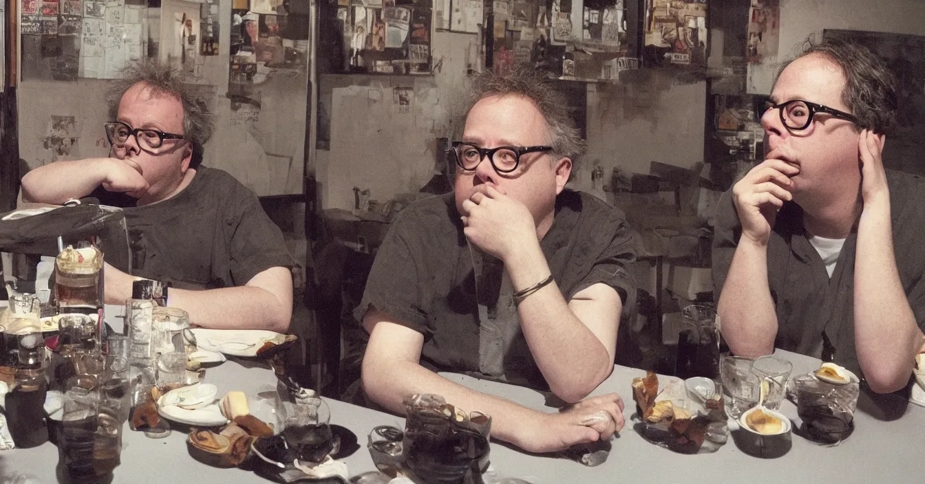 Prompt: todd solondz and bill hics, high quality high detail image of todd solondz sitting with bill hicks in an empty caffe bar in tel aviv, clear sharp face of todd solondz, clear sharp face of bill hicks, drinking and smoking, night, by lucian freud and gregory crewdson and francis bacon, hd, photorealistic lighting