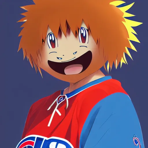 Image similar to anime Portrait of Youppi the Habs Montreal Canadiens Mascot as a very cute powerful and friendly pokemon, highly detailed anime, high evolution, 1990s, legendary, smooth, sharp focus, dynamic lighting, intricate, trending on ArtStation, illustration pokemon, art by WLOP